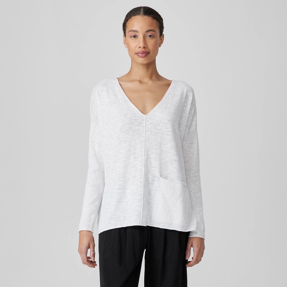 Eileen Fisher White Knit V-Neck Top‎